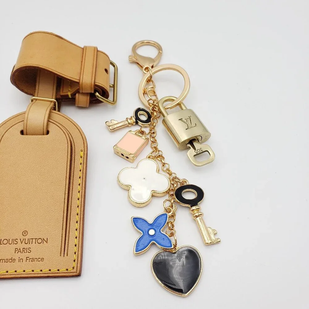 Authentic Louis Vuitton Luggage Nametag and Gold Padlock with Unbranded Keycharm